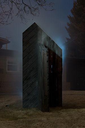 Haunting black wood sculpture in suburban landscape.