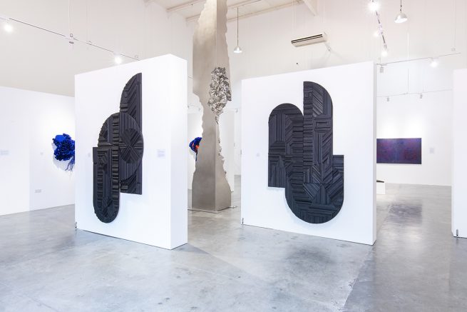 Laura Lappi's wall sculptures Umbra IX and X at Praxis of Change at Firetti Contemporary in Dubai.